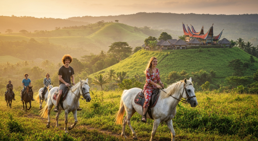Horse riding adventure through Sumba Island tropical landscape